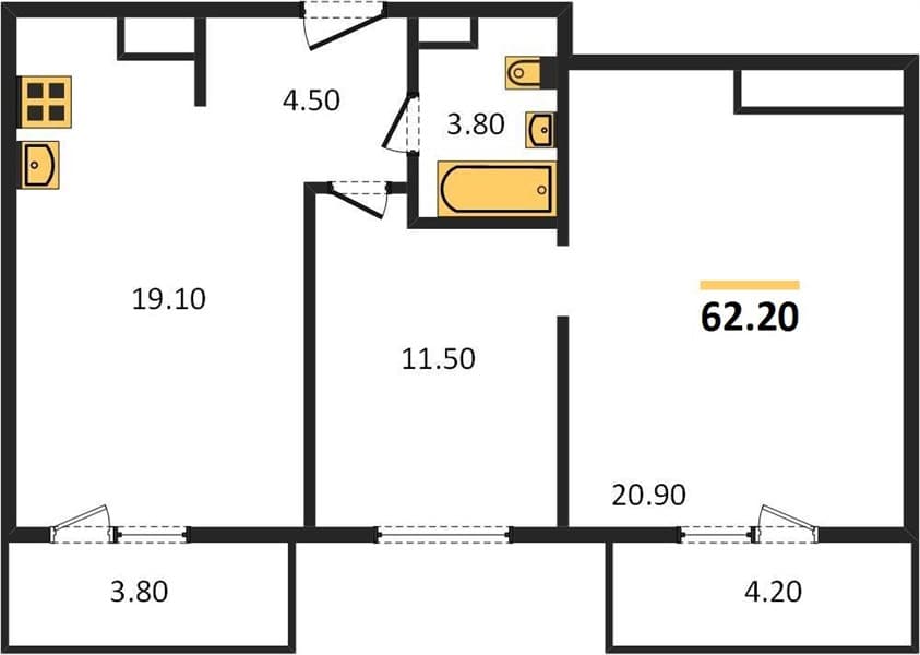 2 к. квартира 62.20 кв. м, 24/24 этаж. ЖК Мята, Цемдолина, Россия