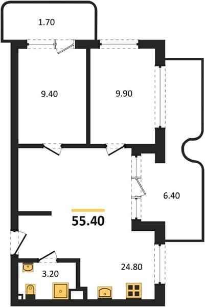 2 к. квартира 55.40 кв. м, 1/3 этаж. ЖК Монако, Агой, Россия