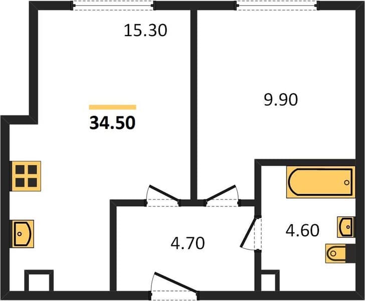 1 к. квартира 34.50 кв. м, 1/24 этаж. ЖК Мята, Цемдолина, Россия