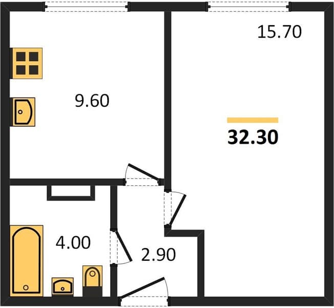 1 к. квартира 32.30 кв. м, 1/24 этаж. ЖК Мята, Цемдолина, Россия