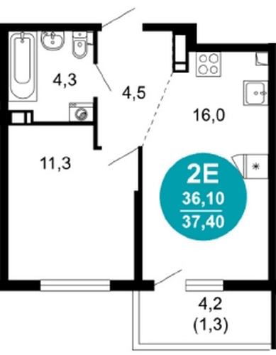 1-Bedroom Apartment with 37.4 m² in Lestoriya, Sochi