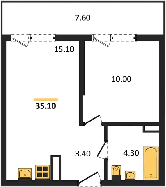 1-Bedroom Apartment 35.10 m² on the 14th Floor in Lestoriya, Sochi